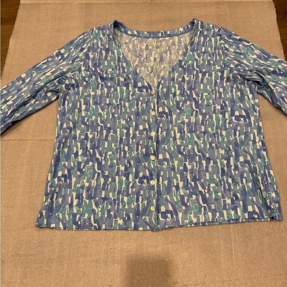 J. Jill Blue and Green Button Down Cardigan Shirt Pima Cotton